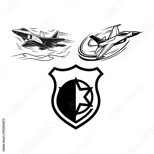 Rocket radar siren and protection shield icon bundle