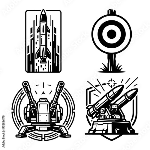 Radar tower bunker alert and submarine defense icon bundle