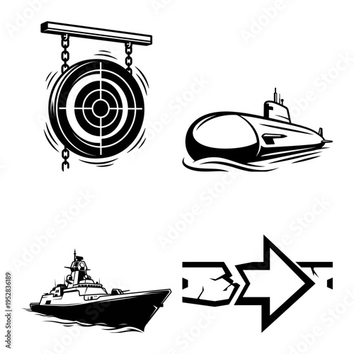 Naval target submarine warship and breakthrough arrow icon bundle