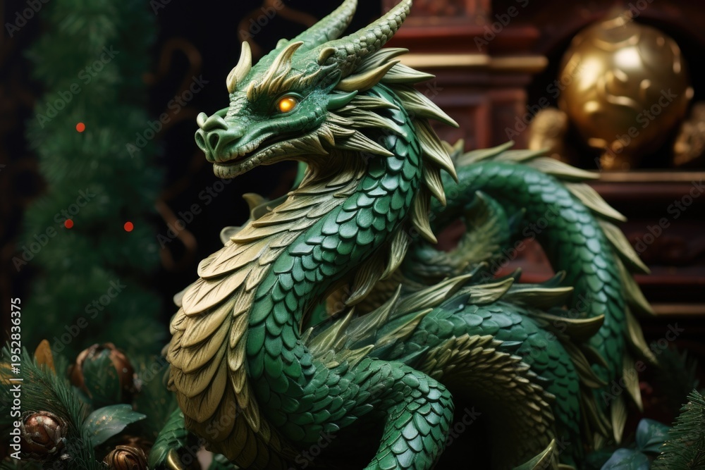 Fototapeta premium A green dragon statue sitting on top of a table. Can be used for fantasy-themed designs or as a decorative piece for home or office.
