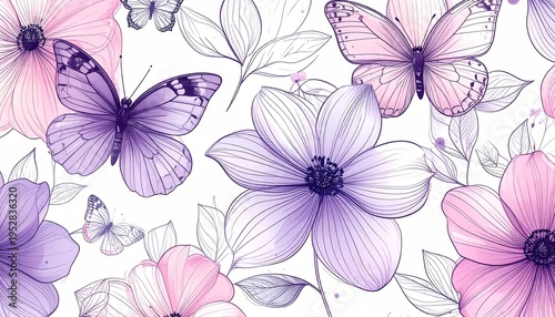 Elegant Floral Background with Purple Butterflies and Pink Flowers Delicate Watercolor Style Illustration for Greeting Cards and Decor