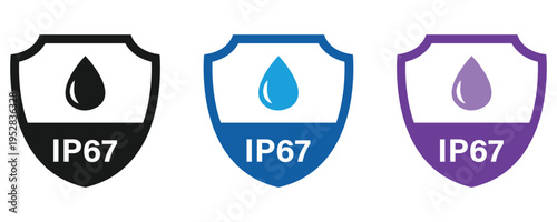 IP67 waterproof material badge label vector, IP67 waterproof rating, water protective capability icon label isolated on white background.