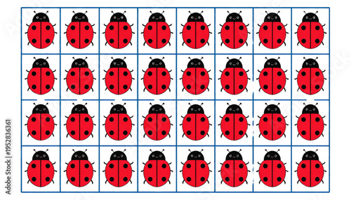 A grid containing thirty two colorful red and black ladybug illustrations arranged in neat rows Vector