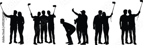Silhouette illustration of groups taking selfies with selfie sticks, modern social behavior, friendship, technology, photography, vector art concept