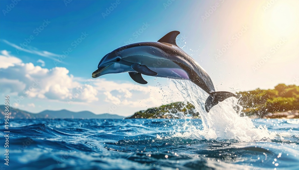 Fototapeta premium A Playful Dolphin Leaps Gracefully Out of the Blue Ocean Water Under a Sunny Sky