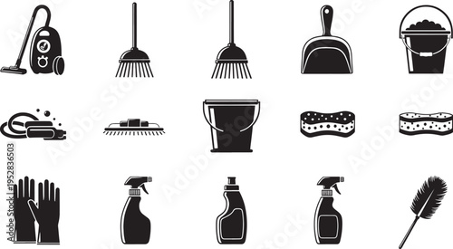 Black and white of cleaning supplies including vacuum broom bucket and sponges household vacuum cleaner