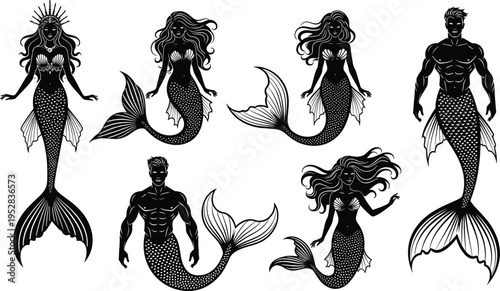 Silhouette illustration of mermaids and mermen in fantasy poses, mythical sea creatures, ocean mythology, aquatic folklore, vector art concept