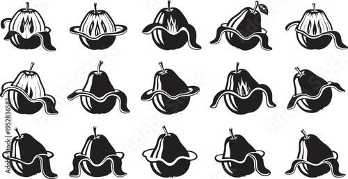Black and white stylized pears with peeling skin in various poses fruit