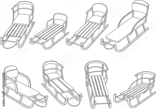 Collection of eight sleds in various isometric views line sledge toboggan winter snow