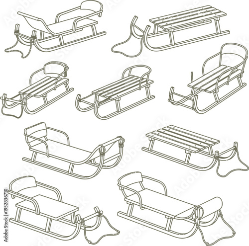 Collection of eight different wooden sleds with metal runners and rope handles sledge toboggan winter