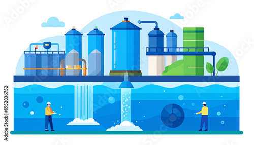Industrial water treatment plant with workers monitoring the filtration and purification process Vector