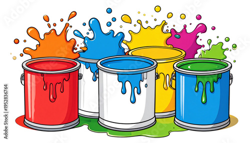 Five colorful metal paint cans with vibrant liquid splashing out in a playful artistic composition Vector