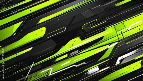 Abstract high tech racing background with geometric lime green and black shapes for automotive vinyl wrap and gaming esport wallpaper design