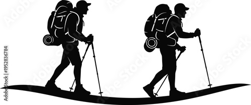Silhouette vector of two hikers trekking with backpacks and poles on outdoor trail, adventure travel, mountain exploration, nature fitness illustration design