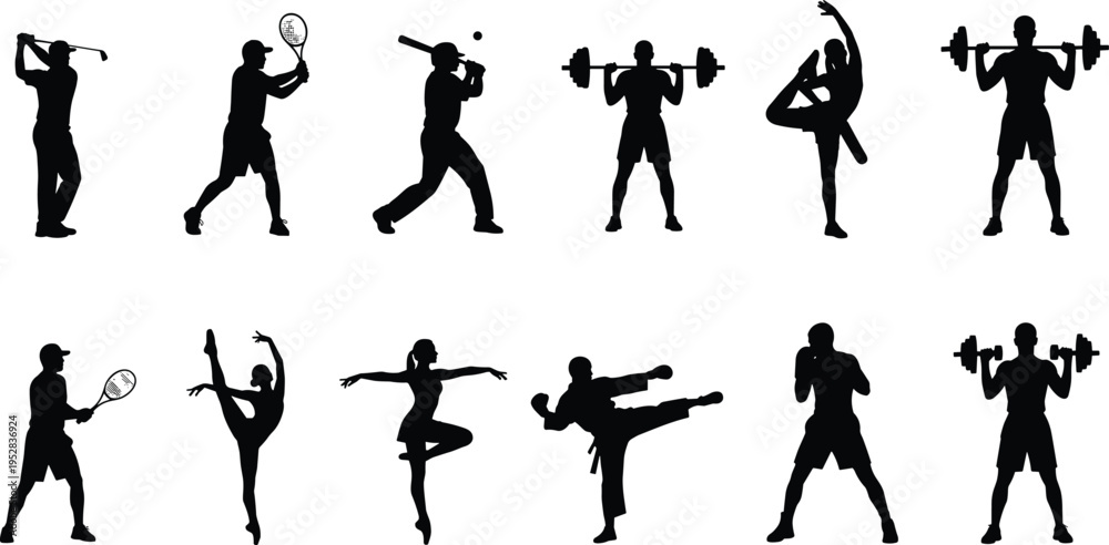 Fototapeta premium Silhouettes of athletes performing diverse sports activities including golf, tennis, baseball, boxing, martial arts, weightlifting, dance, gymnastics, and fitness training illustration