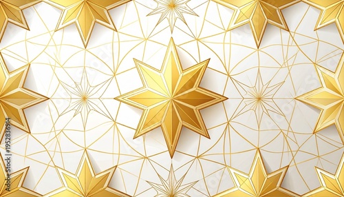 Elegant golden stars on white background with geometric patterns luxury 3D eight pointed star wallpaper for Ramadan Eid and festive designs