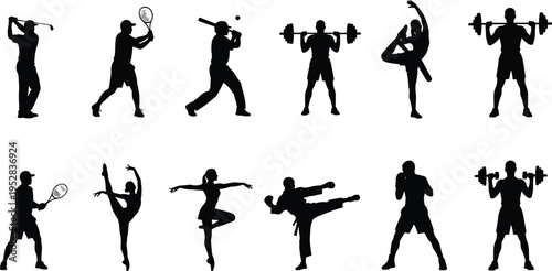 Silhouettes of athletes performing diverse sports activities including golf, tennis, baseball, boxing, martial arts, weightlifting, dance, gymnastics, and fitness training illustration