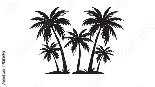 Palm trees silhouette with curved trunks and fronds creating a tropical island scene against a white background.