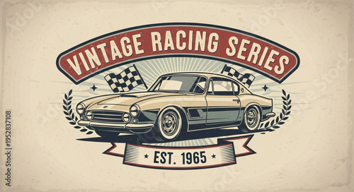 Vintage Racing Series Car Illustration with Checkered Flags and Laurel Wreath.