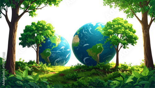 Two globe spheres nestled within a lush green forest landscape featuring vibrant trees and grass Vector
