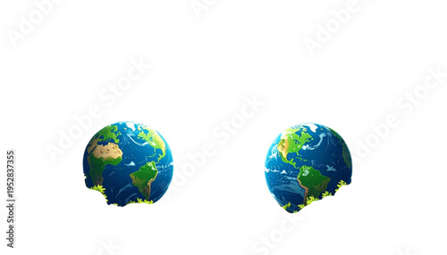 Two stylized globes of the earth featuring detailed continents and vibrant blue ocean surfaces Vector