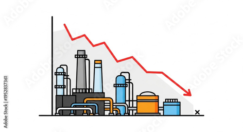 Industrial Decline - Factory Downturn with Falling Red Arrow.