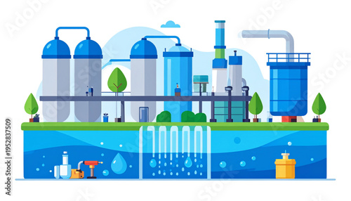 A detailed illustration of a modern industrial water treatment facility with filtration systems Vector