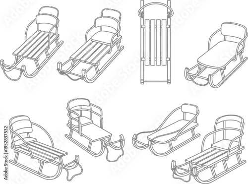 Collection of sleds with wooden seats and metal runners in various perspectives sledge toboggan winter