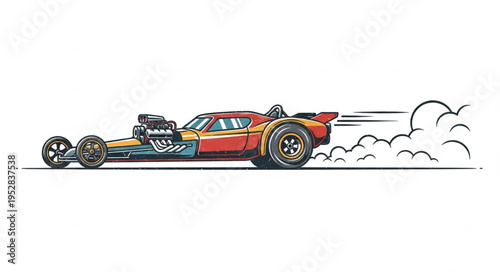 Cartoon Drag Racing Car with Smoke Trail Illustration.