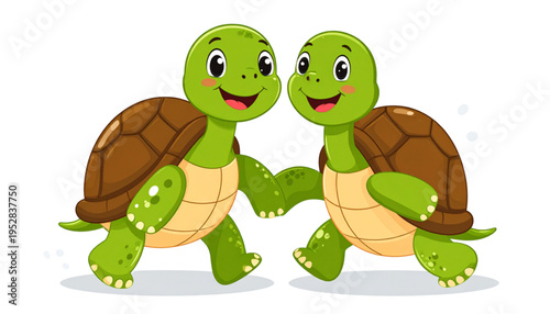 Two happy cartoon turtles walking together and holding hands in a friendly and cheerful manner Vector