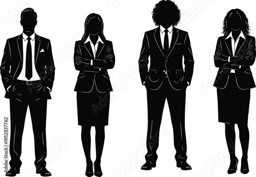 Silhouettes of diverse business professionals in formal suits standing together, teamwork concept, leadership illustration, corporate office staff collaboration vector artwork.