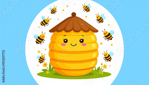 A cute cartoon beehive with a smiling face surrounded by many happy little buzzing bumblebees Vector