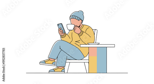 Man Drinking Coffee and Using Smartphone in Cafe Illustration Vector