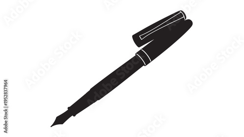 Fountain pen with cap open, a classic writing instrument silhouette in black against a white background, suitable for design.