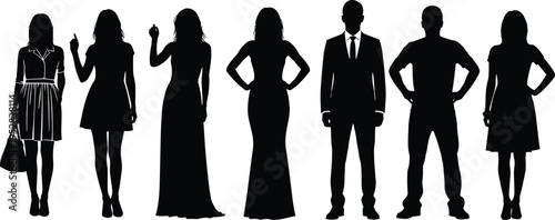 Silhouettes of diverse people in dresses and suits standing side by side, showcasing fashion styles, personalities, and professional attire