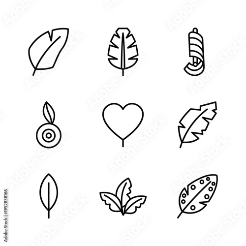 Collection of nine simple line art icons representing nature and symbols.
