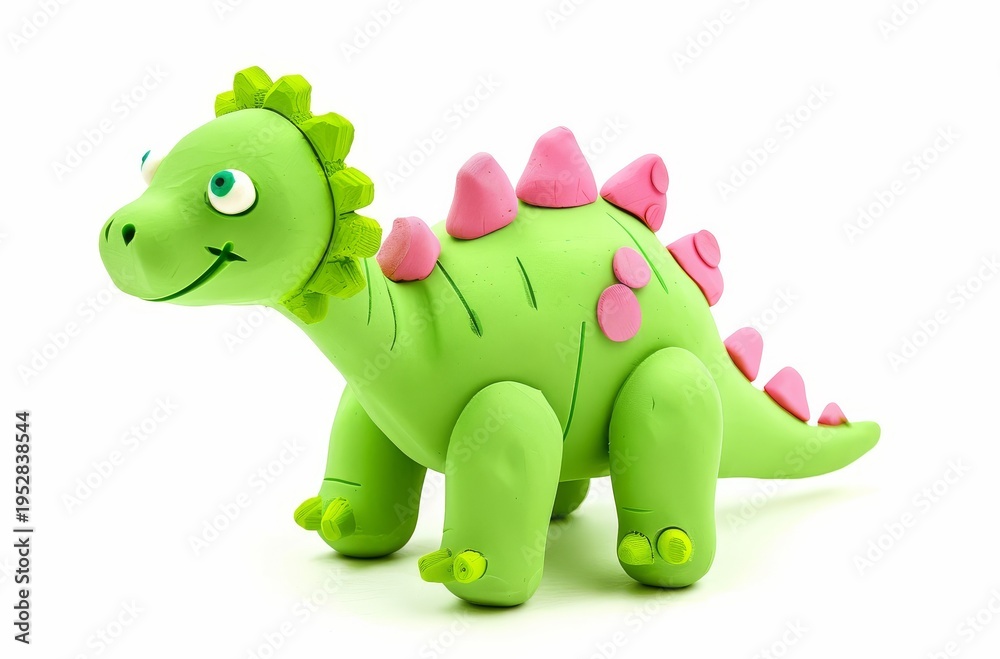 Fototapeta premium Cute green plasticine stegosaurus with pink dots isolated white background kids toy dinosaur creative