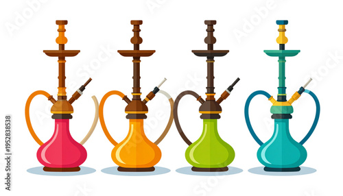 A collection of four colorful hookah water pipes featuring distinct designs and vibrant base colors Vector