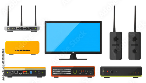 Collection of modern electronic devices including a computer monitor and various network routers Vector
