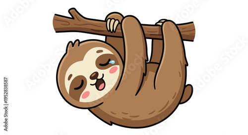 A cartoon sloth hanging upside down from a tree branch with a happy expression