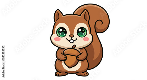 A cartoon squirrel holding an acorn in a cute and playful pose