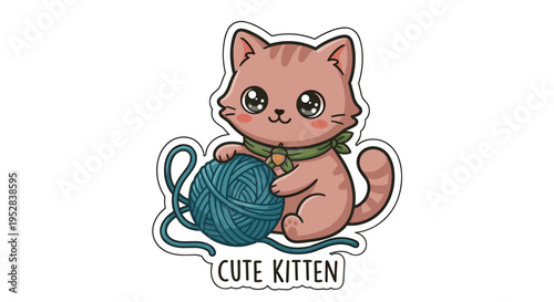 A cute cartoon kitten playing with a ball of yarn on a white background