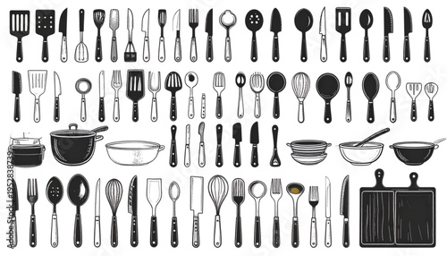 Comprehensive collection of hand drawn kitchen utensil icons featuring various cooking tools Vector
