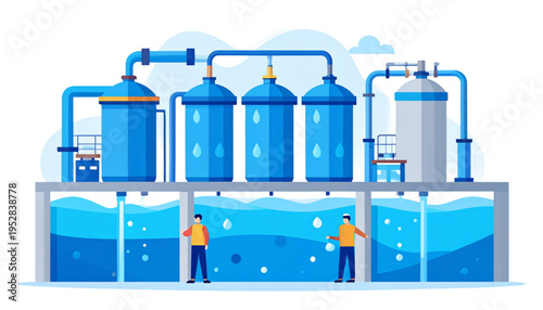 Industrial water purification system with large blue tanks and workers monitoring the process flow Vector