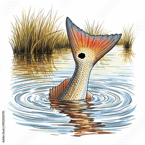 Tail of red drum fish tailing in shallow marsh water with grass in vintage woodcut style