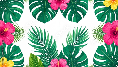 Vibrant Tropical Seamless Pattern with Pink and Yellow Hibiscus Flowers and Green Monstera Palm Leaves for Exotic Summer Botanical Design