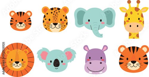 Cute animal faces collection with tiger, lion, elephant, giraffe and hippo, colorful cartoon safari vector characters set