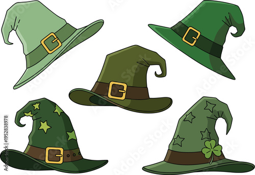 Green witch hats collection with buckles and shamrock details, magical fantasy costume accessories in cartoon vector style