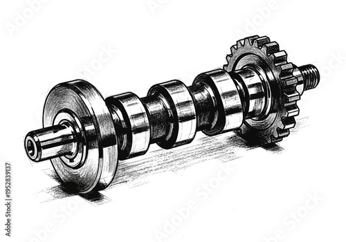 Detailed sketch of a camshaft with a gear and threaded end, isolated on white