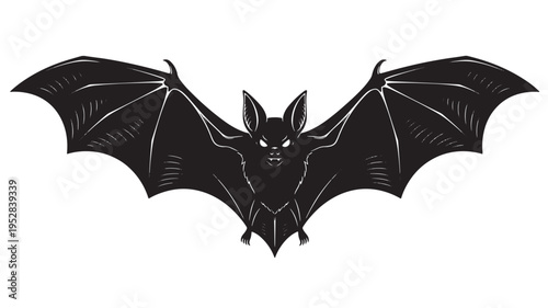 Bat silhouette with glowing eyes and outstretched wings in a dramatic pose on a white background for Halloween.